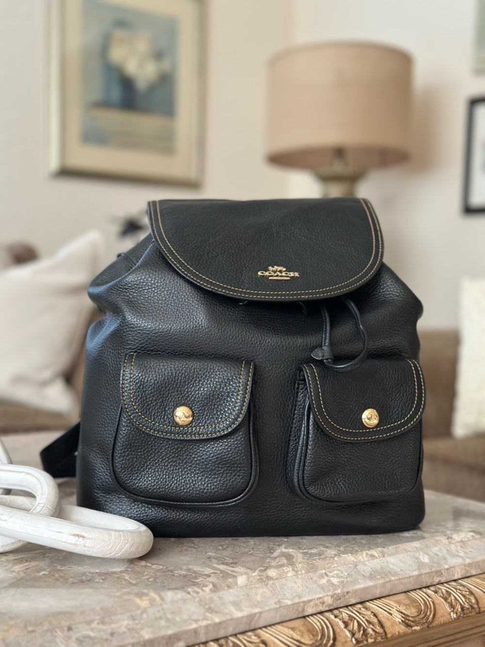 Coach Black Pebbled Leather Backpack with Gold-Tone Hardware